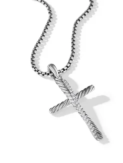 Crossover Cross Pendant In Sterling Silver With Pavé Diamonds