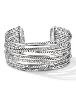 Crossover Cuff Bracelet In Sterling Silver With Diamonds, 27.5mm