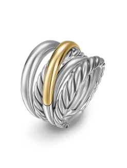 Crossover Five Row Ring In Sterling Silver With 14k Yellow Gold, 17.5mm