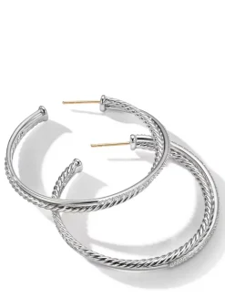 Crossover Hoop Earrings In Sterling Silver With Pavé Diamonds
