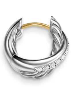 Crossover Huggie Hoop Earrings In Sterling Silver With Diamonds, 12.4mm