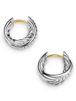 Crossover Huggie Hoop Earrings In Sterling Silver With Diamonds, 12.4mm