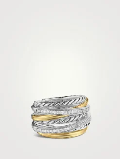 Crossover Seven Row Ring In Sterling Silver With 18k Yellow Gold And Diamonds, 16mm