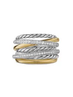 Crossover Seven Row Ring In Sterling Silver With 18k Yellow Gold And Diamonds, 16mm