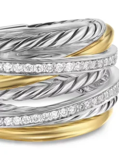 Crossover Seven Row Ring In Sterling Silver With 18k Yellow Gold And Diamonds, 16mm