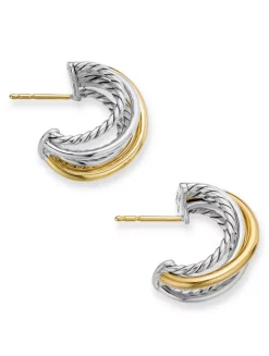 Crossover Shrimp Earrings In Sterling Silver With 18k Yellow Gold, 19.5mm