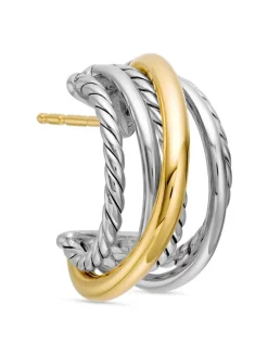 Crossover Shrimp Earrings In Sterling Silver With 18k Yellow Gold, 19.5mm