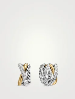 Crossover Three Row Huggie Hoop Earrings In Sterling Silver With 18k Yellow Gold, 13mm