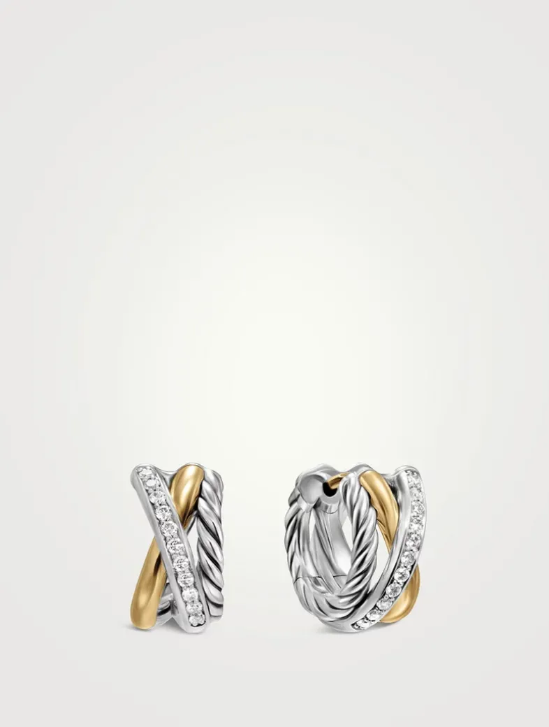 Crossover Three Row Huggie Hoop Earrings In Sterling Silver With 18k Yellow Gold, 13mm