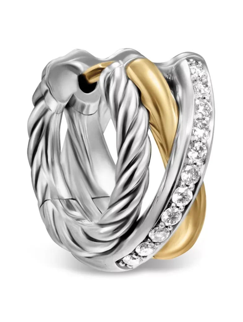 Crossover Three Row Huggie Hoop Earrings In Sterling Silver With 18k Yellow Gold, 13mm