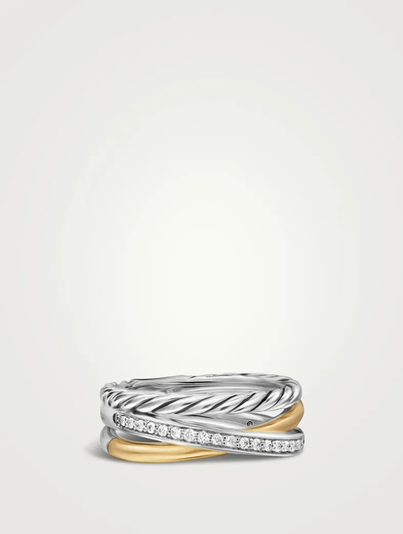 Crossover Three Row Ring In Sterling Silver With 18k Yellow Gold And Diamonds, 7mm