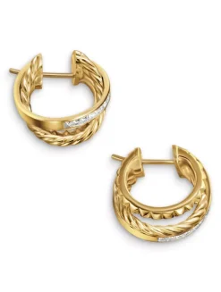 Crossover Trio Multi Row Hoop Earrings In 18k Yellow Gold With Diamonds, 18mm