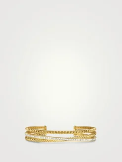 Crossover Trio Three Row Cuff Bracelet In 18k Yellow Gold With Diamonds, 11mm