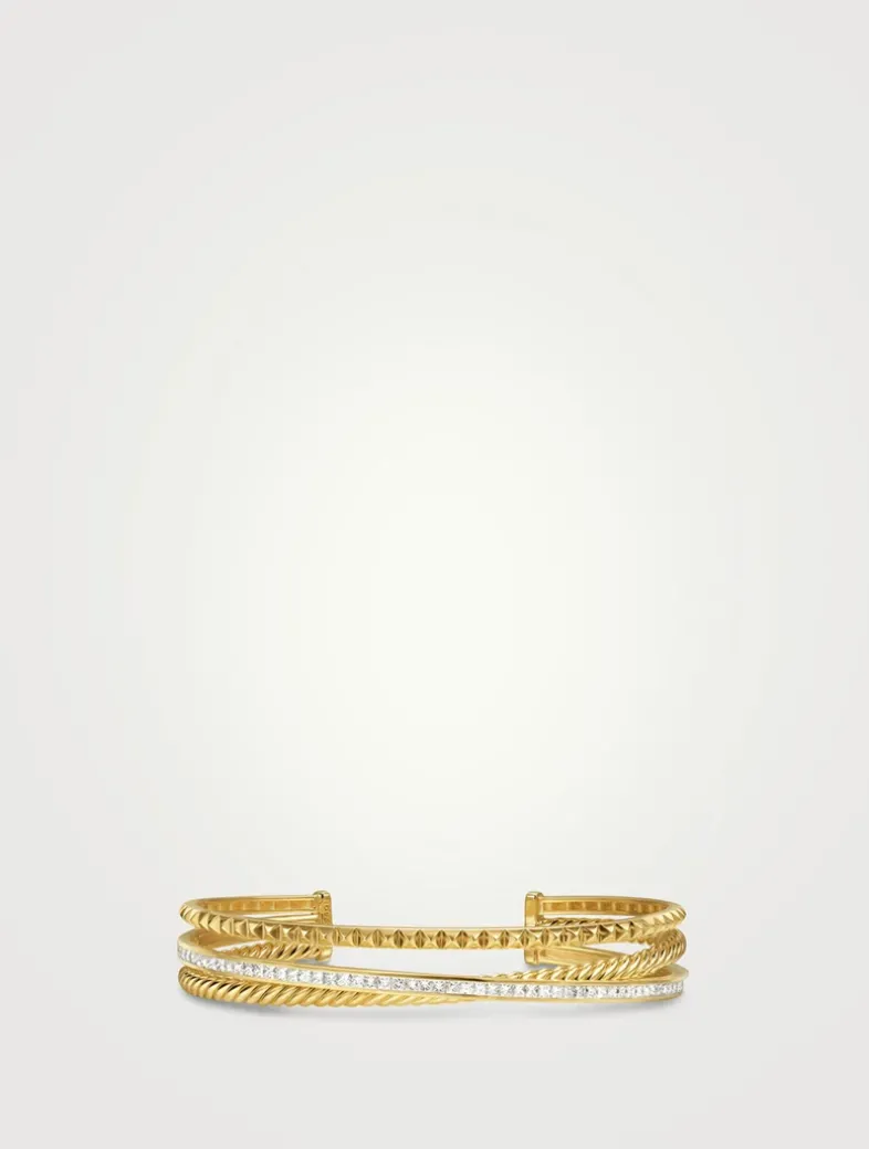 Crossover Trio Three Row Cuff Bracelet In 18k Yellow Gold With Diamonds, 11mm