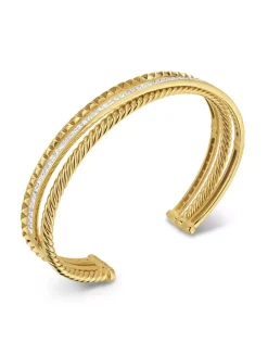 Crossover Trio Three Row Cuff Bracelet In 18k Yellow Gold With Diamonds, 11mm