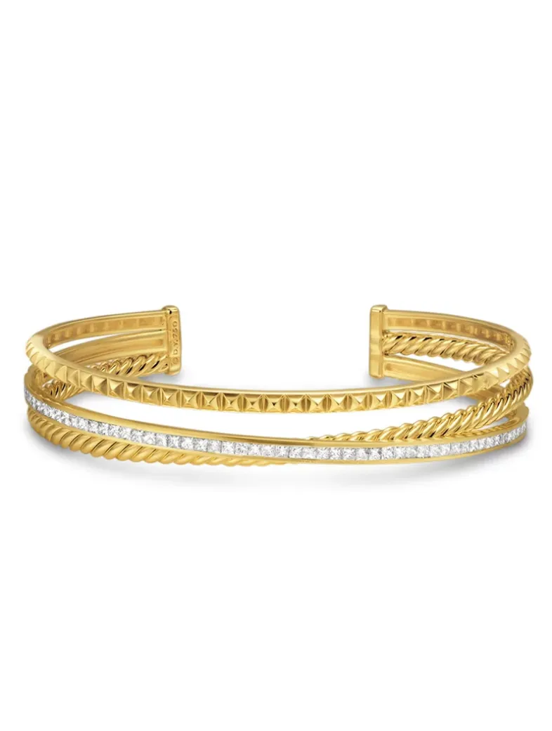 Crossover Trio Three Row Cuff Bracelet In 18k Yellow Gold With Diamonds, 11mm