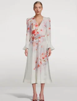 Crush Linen Midi Dress in Floral Print