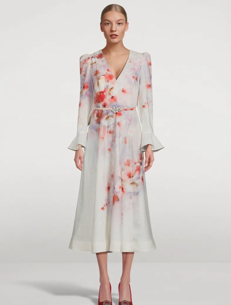 Crush Linen Midi Dress in Floral Print