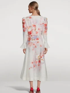 Crush Linen Midi Dress in Floral Print