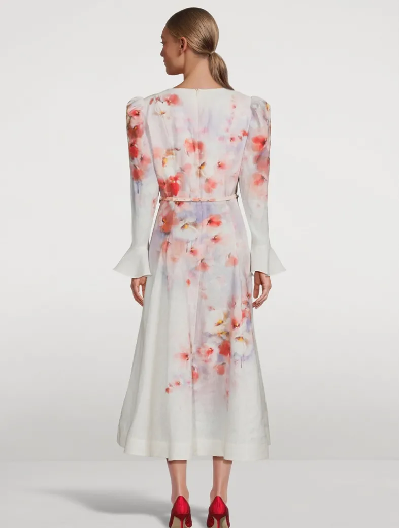 Crush Linen Midi Dress in Floral Print