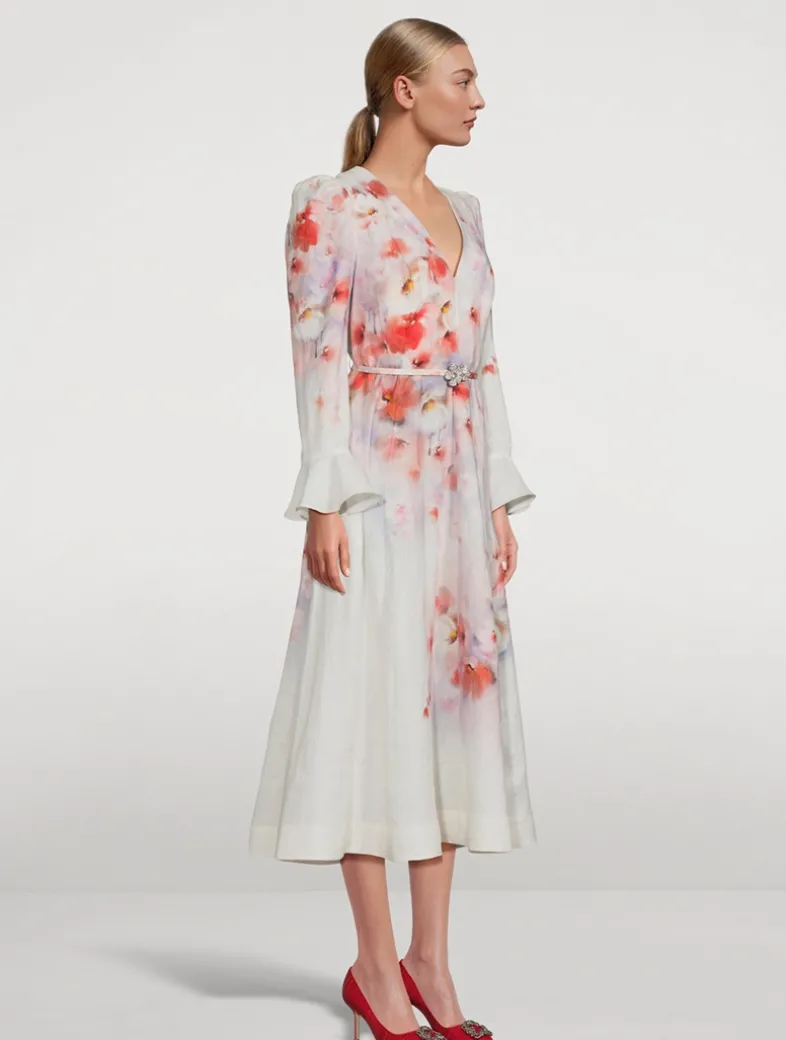 Crush Linen Midi Dress in Floral Print