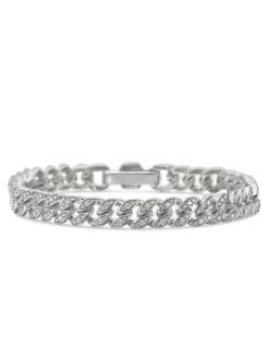 Curb Chain Bracelet In Sterling Silver With Diamonds, 7mm