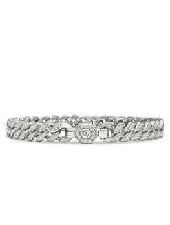 Curb Chain Bracelet In Sterling Silver With Diamonds, 7mm