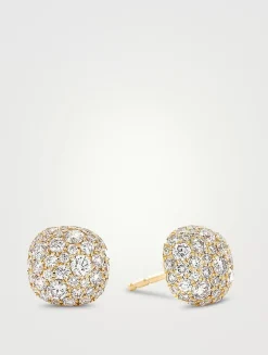 Cushion Stud Earrings In 18k Yellow Gold With Pavé Diamonds