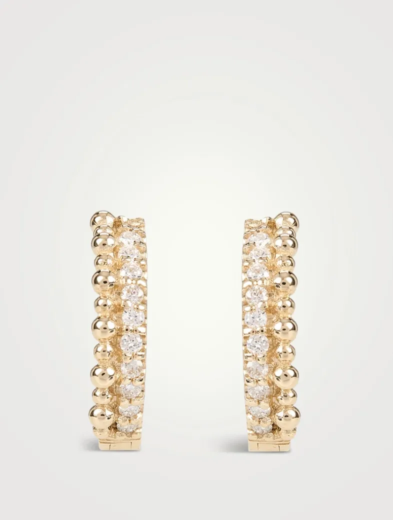 Dew Drop 14K Gold Double Huggie Hoop Earrings With Pavé Diamonds