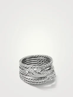 Double X Crossover Ring In Sterling Silver With Pavé Diamonds