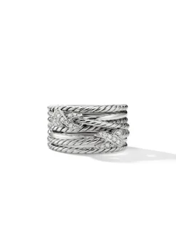 Double X Crossover Ring In Sterling Silver With Pavé Diamonds
