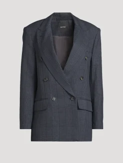 Double-Breasted Linen Blazer In Glen Check Print