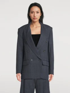 Double-Breasted Linen Blazer In Glen Check Print