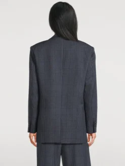 Double-Breasted Linen Blazer In Glen Check Print