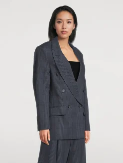 Double-Breasted Linen Blazer In Glen Check Print