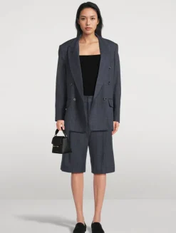 Double-Breasted Linen Blazer In Glen Check Print