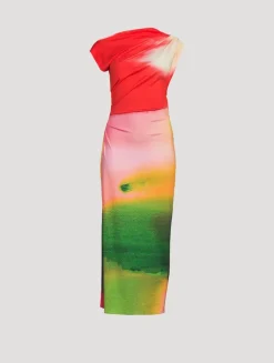 Draped Jersey Midi Dress In Abstract Watercolour Print