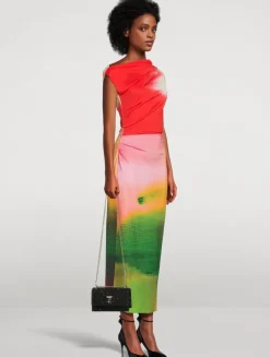 Draped Jersey Midi Dress In Abstract Watercolour Print