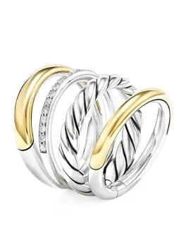 Dy Mercer® Four Row Ring In Sterling Silver With 18k Yellow Gold And Diamonds, 13.8mm