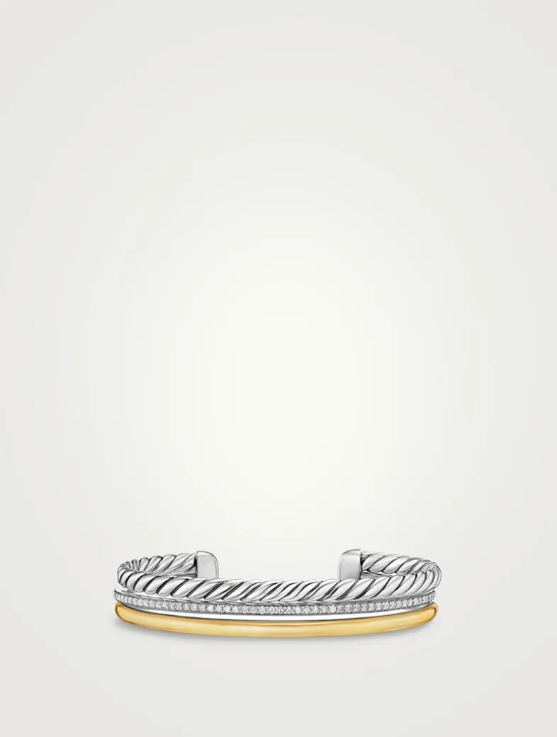 Dy Mercer® Three Row Cuff Bracelet In Sterling Silver With 18k Yellow Gold And Diamonds, 10.4mm