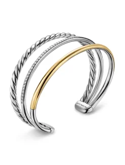 Dy Mercer® Three Row Cuff Bracelet In Sterling Silver With 18k Yellow Gold And Diamonds, 10.4mm