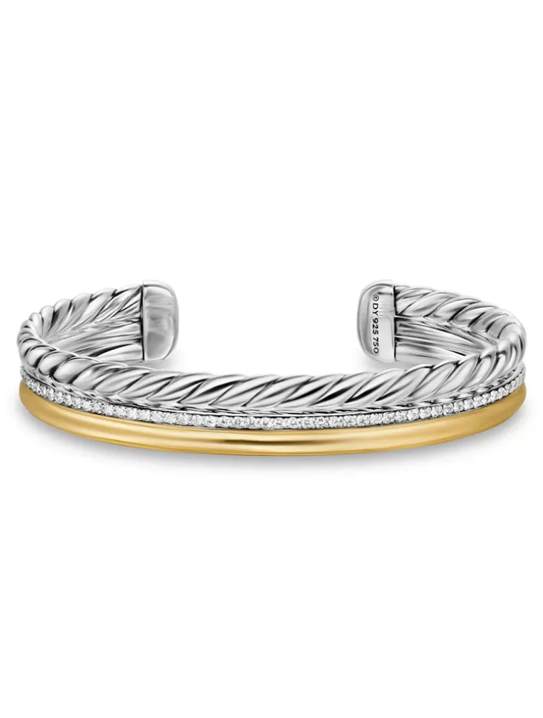 Dy Mercer® Three Row Cuff Bracelet In Sterling Silver With 18k Yellow Gold And Diamonds, 10.4mm