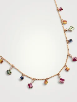 Fireworks 18K Rose Gold Cascade Necklace With Rainbow Sapphires And Diamonds