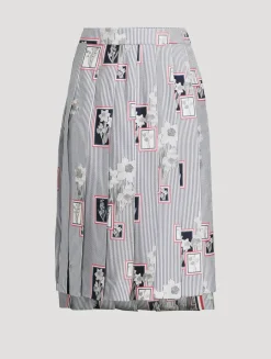 Floral-Embroidered Pleated Silk Midi Skirt In Stripe Print