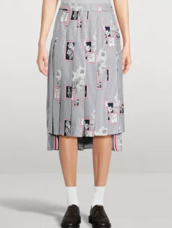 Floral-Embroidered Pleated Silk Midi Skirt In Stripe Print