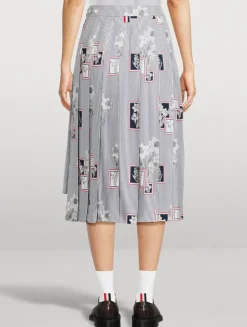 Floral-Embroidered Pleated Silk Midi Skirt In Stripe Print