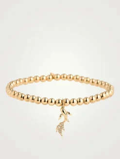 Gold Beaded Bracelet With 14K Gold Diamond Koi Fish Charm