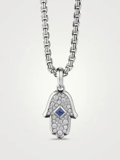 Hamsa Amulet In 18k White Gold With Pavé Diamonds And Blue Sapphire