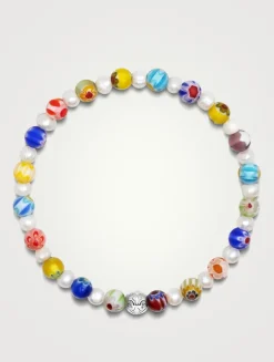 Hand-Painted Glass Bead And Pearl Bracelet