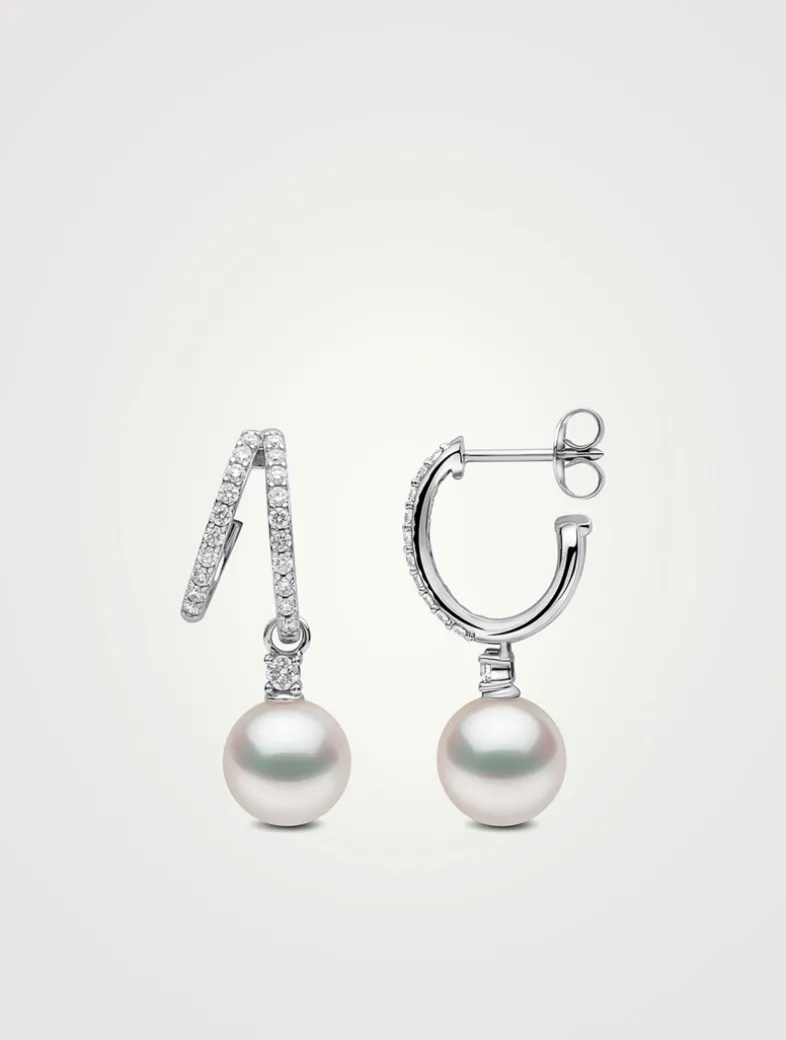 Jazz 18K White Gold Akoya Pearl and Double Hoop Diamond Earrings